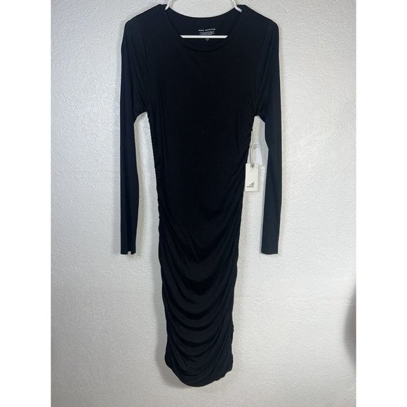GOOD American Dress Size 3 Large Black Midi Slinky Ruched Jersey Long Sleeve T - Picture 5 of 13
